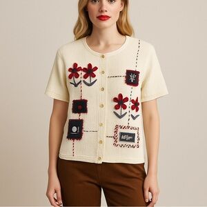 Gardencore Floral Vintage Knitwear with Flower Appliques size L Grandmacore